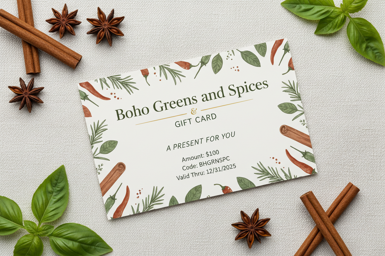 Boho Greens & Spices gift card design