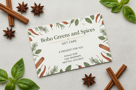 Boho Greens & Spices gift card design